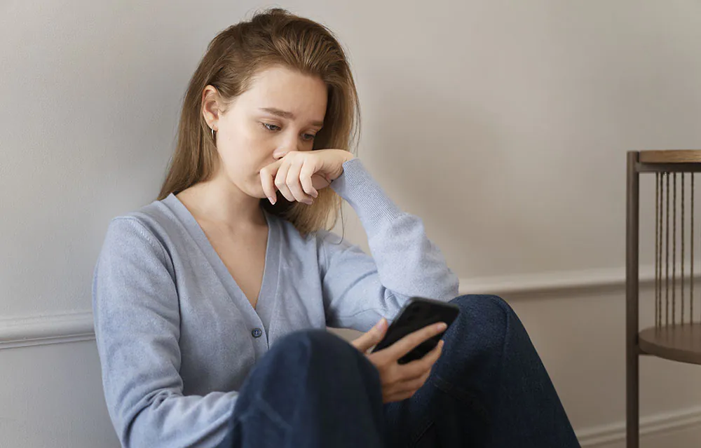 A depressed young woman holding a phone.
